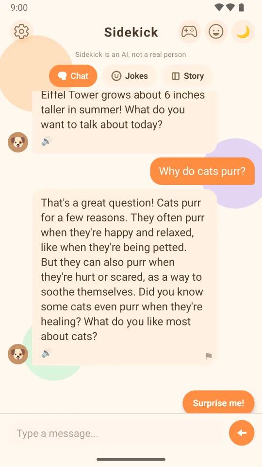 A chat in the app. The child asks: Why do cats purr? Sidekick explains that cats purr when they are happy, and also to soothe themselves, then asks what the child likes most about cats. Tabs at the top read Chat, Jokes and Story.