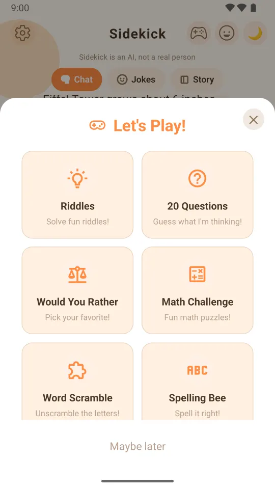 The Let's Play menu with game tiles for Riddles, 20 Questions, Would You Rather, Math Challenge, Word Scramble and Spelling Bee.