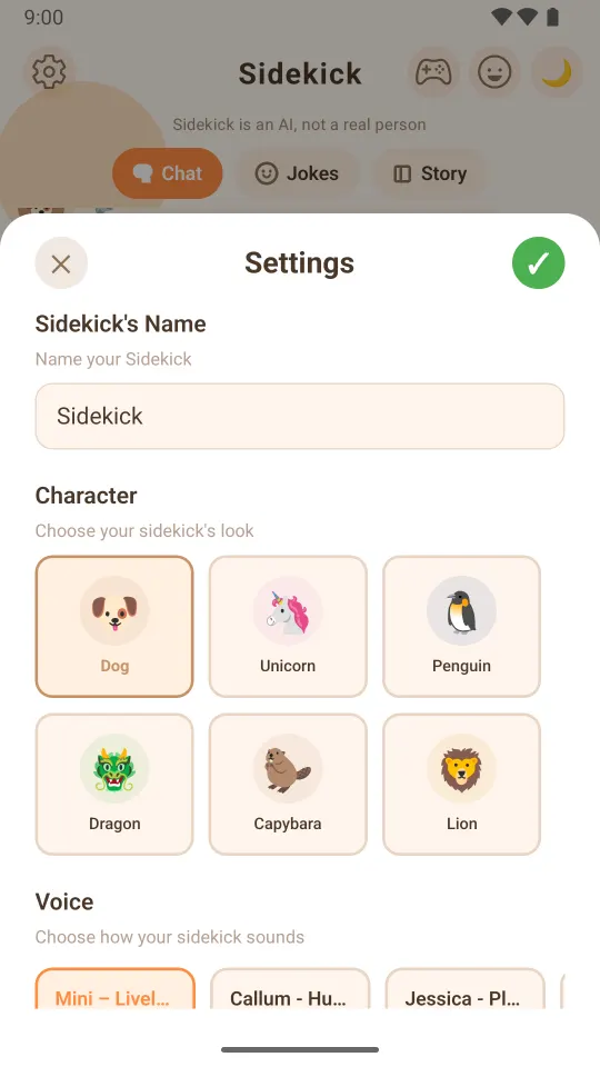 The Settings sheet with a field to name your Sidekick, a grid of six characters, and a row of voices to choose from.